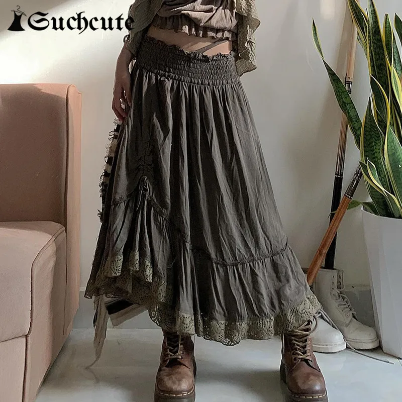 

SUCHCUTE Grunge Fairycore Solid Midi Skirt Women Vintage Casual Long Skirts Harajuku Streetwear Hippes Folds Clothes Summer 90S