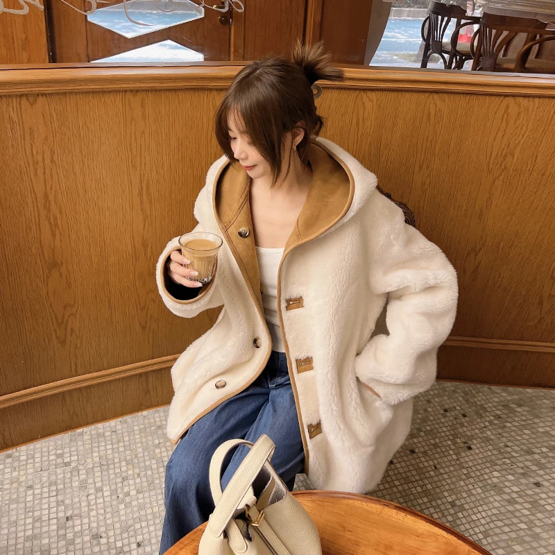 

Женское пальто из натурального меха ягненка, элегантная пушистая теплая куртка с капюшоном, верхняя одежда, осень-зима 2022, C171