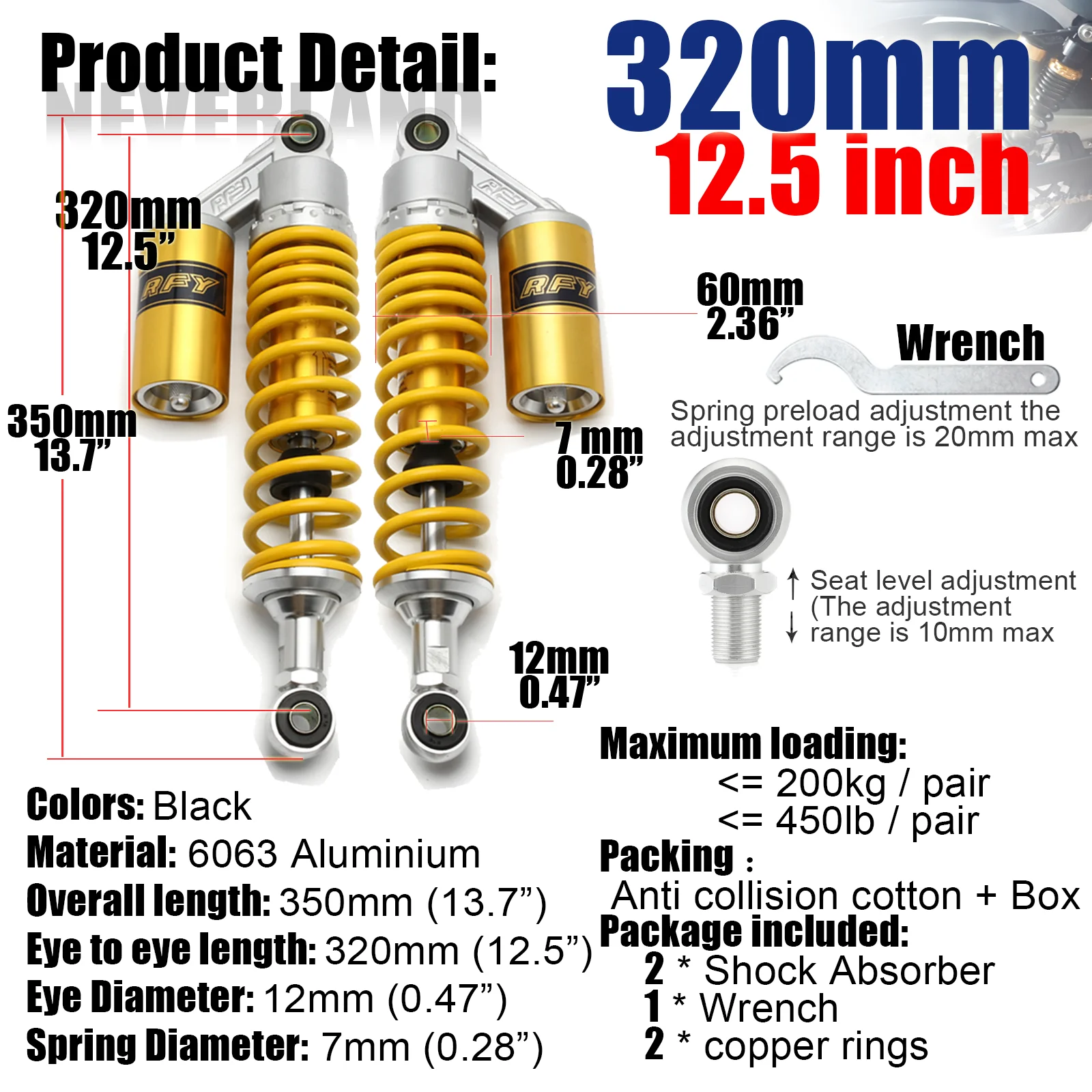 

Универсальная вилка 280 мм, 320 мм, 340 мм, круглый воздушный амортизатор, пружина задней подвески, для скутера, мотоцикла, мотоцикла D30