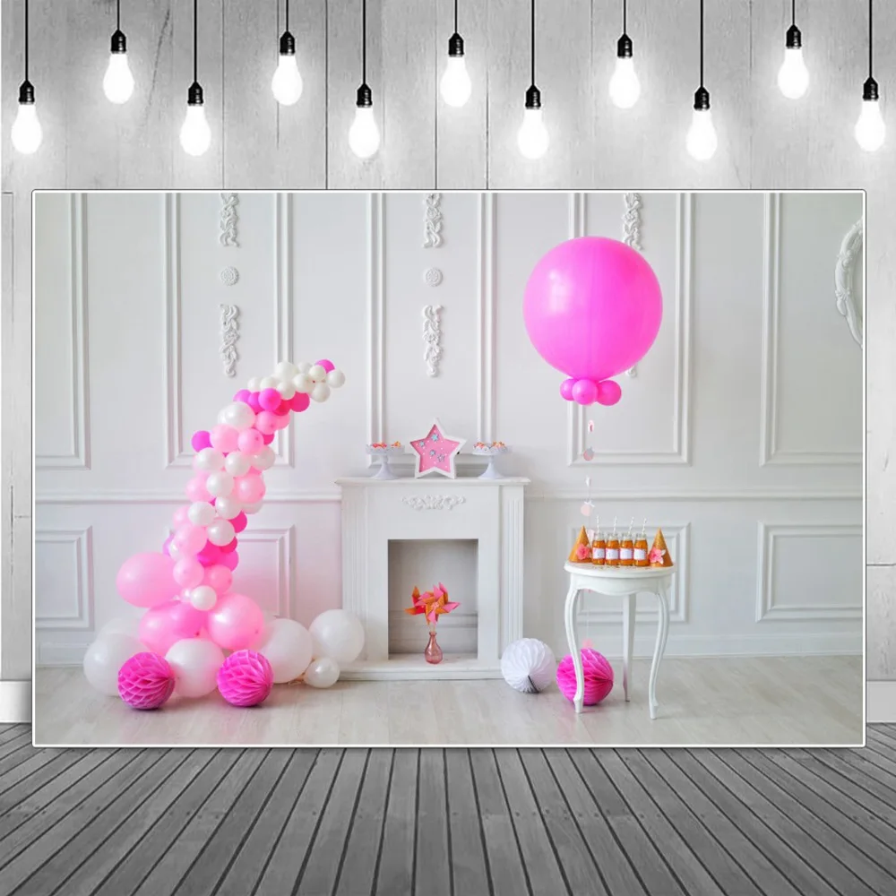 

Birthday Photography Backgrounds Pink Dots Balloons Star Pure White Wall Wooden Floor Children Backdrops Photographic Portrait
