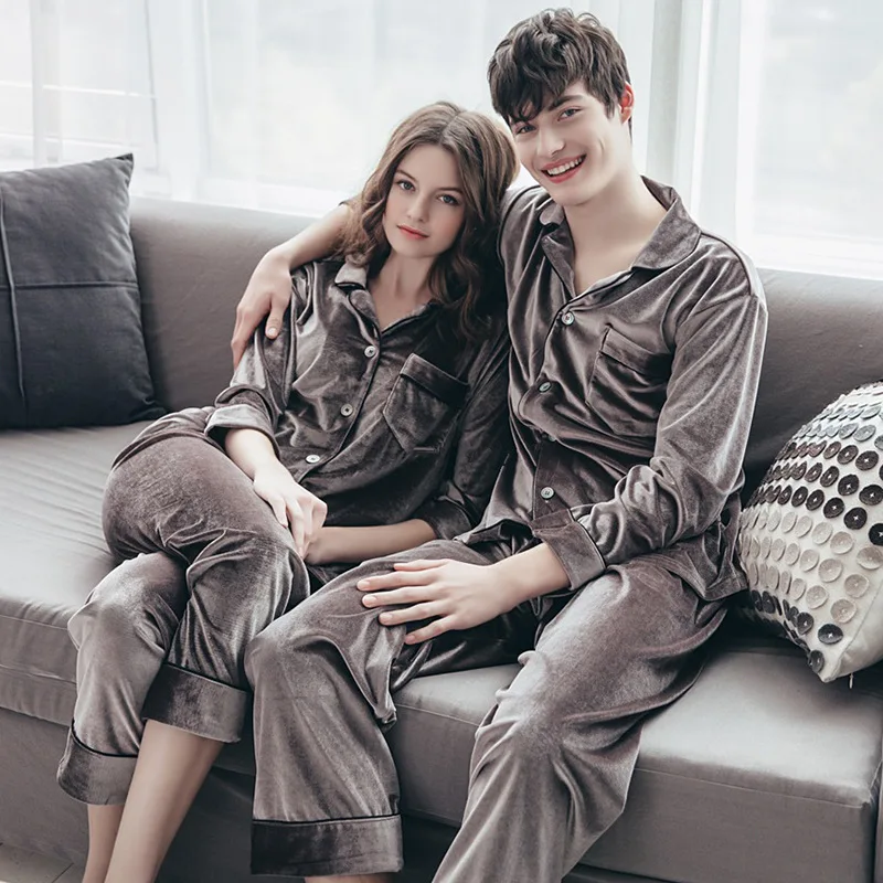 

Couple pajamas elegant women's sets gold velvet winter warm pijama Man Pajama long sleeve cardigan Home suit Plus Size Sleepwear