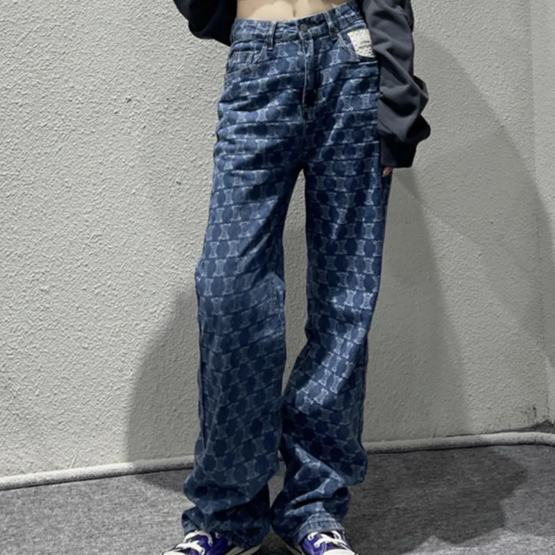 Острые Женские Жаккардовые синие джинсы модные летние и осенние новые свободные