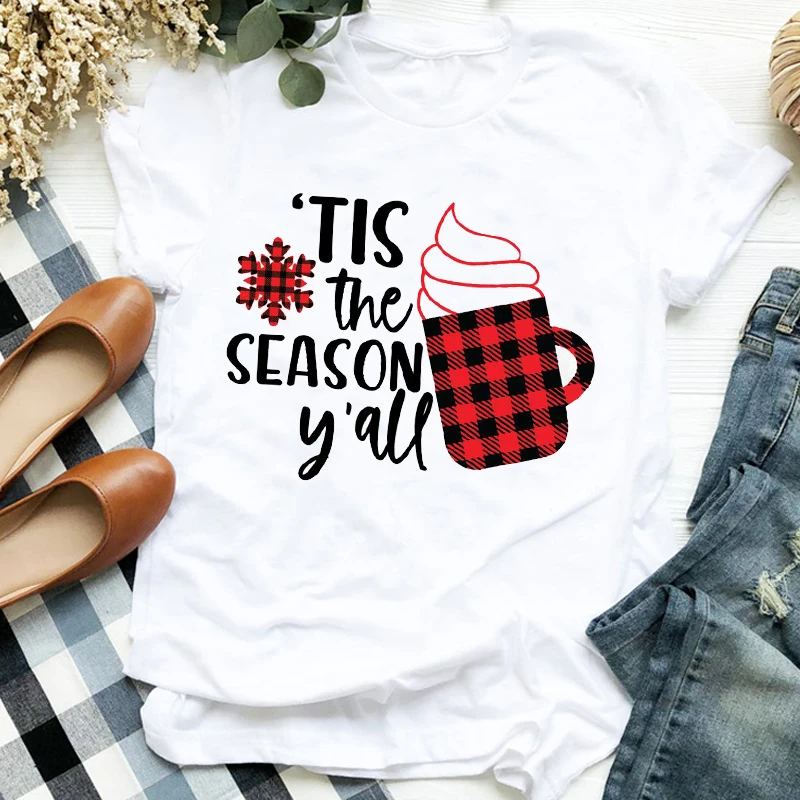 

Женская рождественская клетчатая кофейная Снежинка в стиле 90-х с принтом, праздничная трендовая женская футболка с графическим принтом, фу...