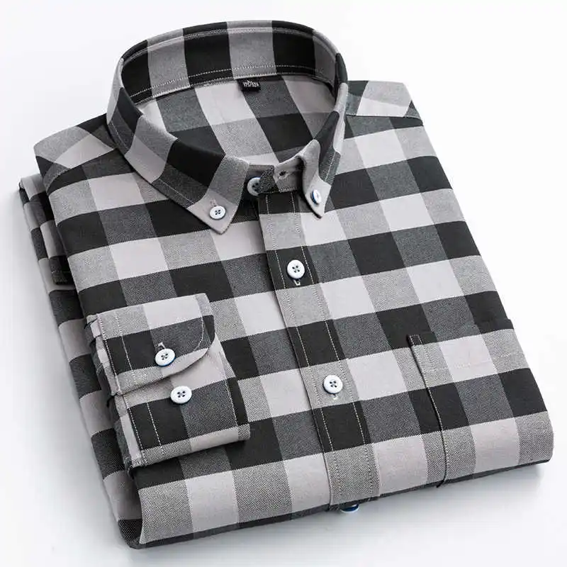 Fashion 100% Cotton Men's Casual Plaid Checkered Shirt Patch Pocket Long Sleeve Slim Fit Button Down Male Social Shirts