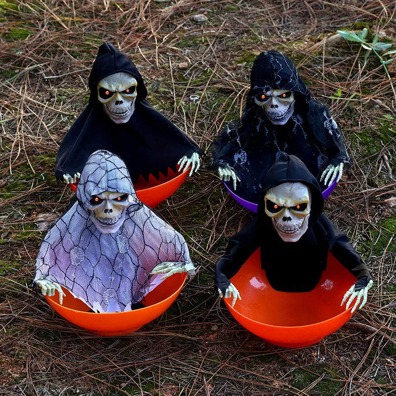 

Чаша для конфет на Хэллоуин, скелет, анимированные украшения на Хэллоуин, кричащий череп, фруктовая тарелка со светящимися глазами для трюка или лакомства