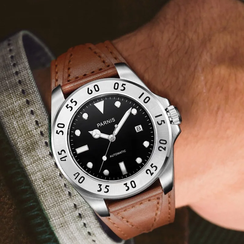 

Мужские автоматические механические часы Parnis, японские часы с сапфировым стеклом и кожаным ремешком, 43 мм, роскошный подарок, GR164, 8215