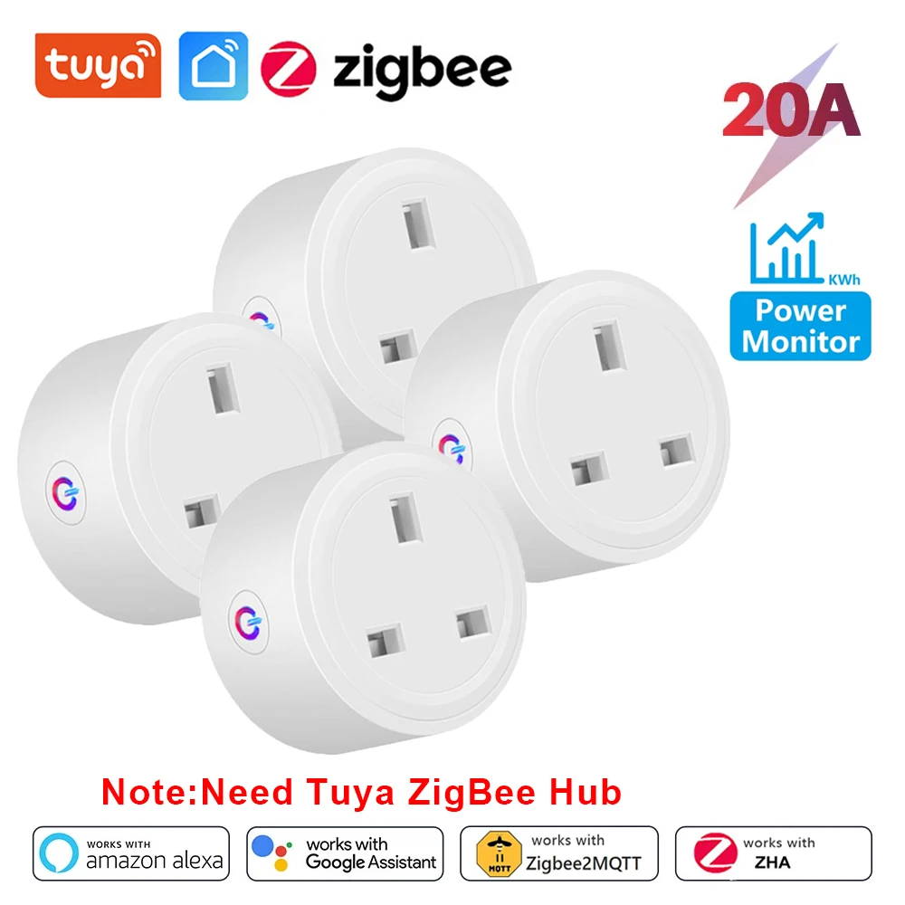 Умная розетка Tuya Zigbee 20A UK Smart Plug Монитор мощности Функция синхронизации Домашняя