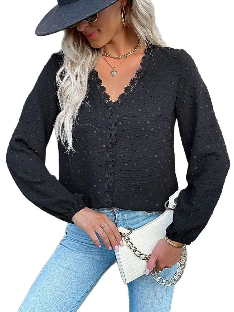 

Xylocarp QL8248 2023 New Fashion Women's V-neck Jacquard Lace Stitching Shirt
