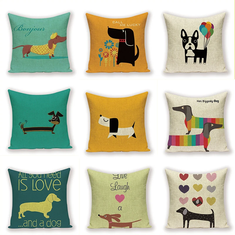45x45cm Cute Dachshund Animal Puppy Linen Pillow Cover Cotton Sofa Cushion Cover Home Decor Wholesale