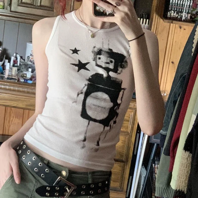 

2022 Summer Sleeveless Top Women's Round Neck Slim Star Print Casual Simple American Small Vest T-Shirt