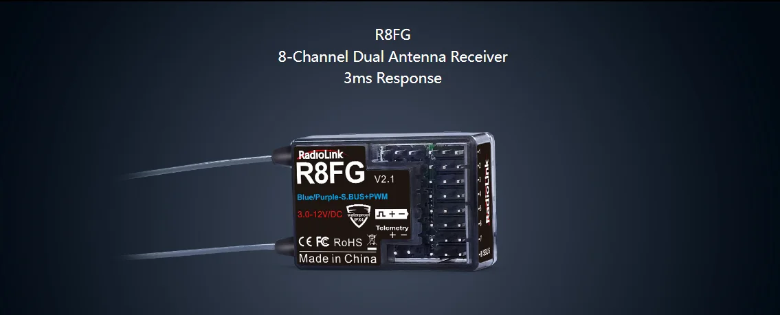 Фото Радиоприемник Radiolink R8FG 8-канальный 2.4G с гироскопом и возвратом напряжения 3.0-12В DC для дальнобойных моделей лодок, автомобилей, совместим с передатчиками RC8X, RC6GS, RC4GS, T8S, T8FB №2