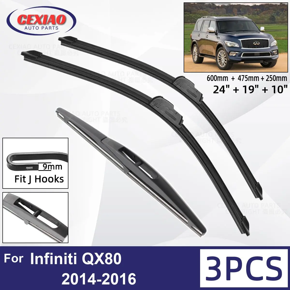 

For Infiniti QX80 2014-2016 Car Front Rear Wiper Blades Soft Rubber Windscreen Wipers Auto Windshield 24"+19"+10" 2014 2015 2016