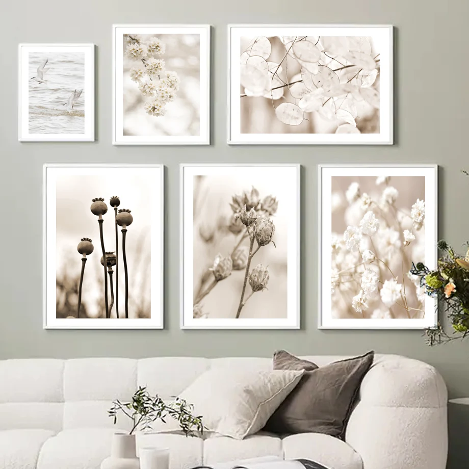 

Beige Natural Floral Landscape Beach Seagulls Wall Art Canvas Painting Nordic Posters And Prints Wall Pictures For Living Room