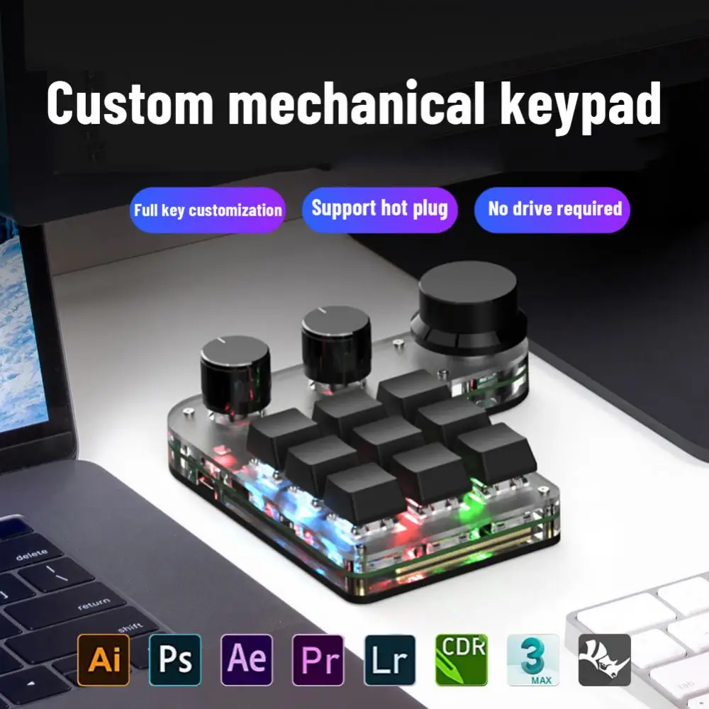 

Programming Macro Custom 9 Key 3 Knob Keyboard RGB Copy Paste Mini Button Photoshop Gaming Keypad Mechanical Hotswap Macropad