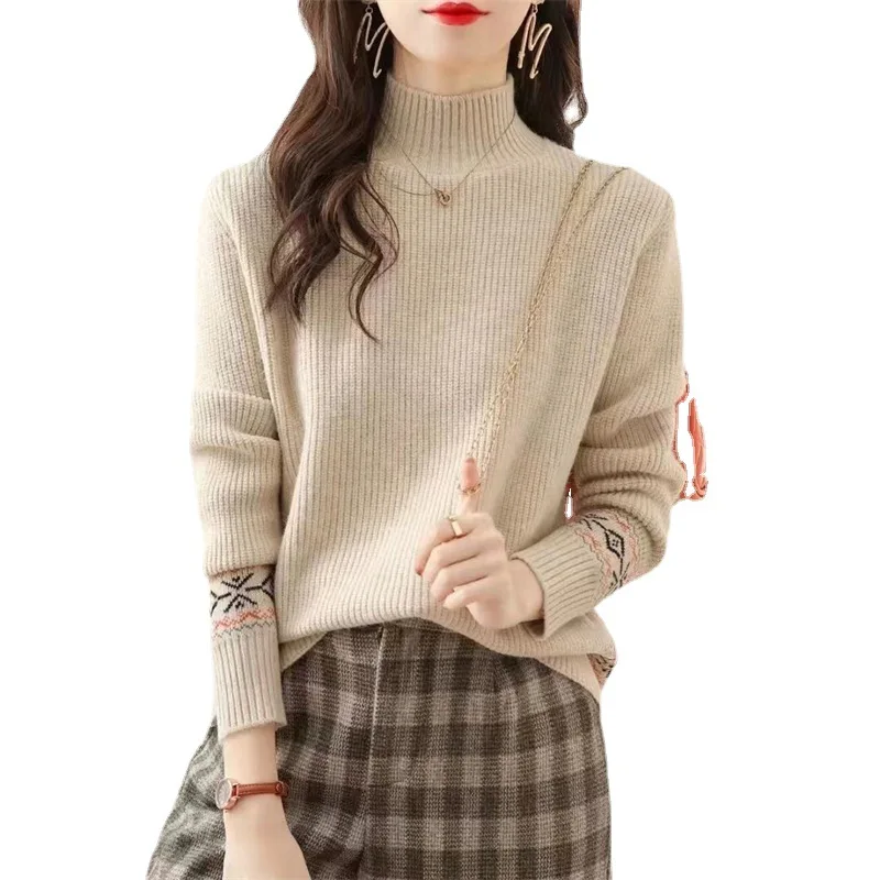 

New Autumn and Winter Half-turtle Neck Womens Bottoming Shirt Thick Loose Pullovers Jacquard Long-sleeved Knitwear Women