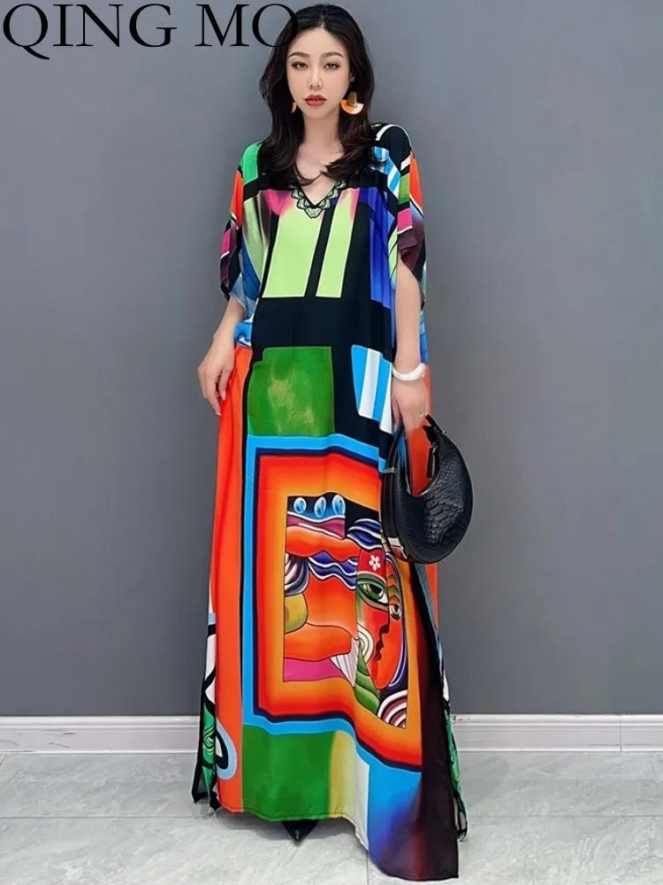 

QING MO 2023 Summer New Korean Fashion V-neck Color Block Long Large Size Dress Women Short Sleeve Dress ZXF3095