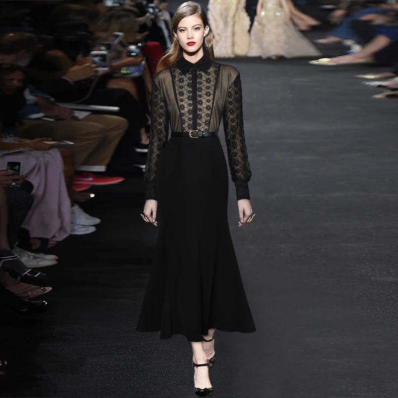 

Dresses For Women 2023 Elegant High Qualit Spring Summer Mermaid Peter pan Collar Long Sleeve Lace Patchwork Vintage Party Dress