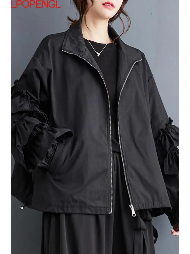 

Autumn Long Sleeve Stand Collar Wooden Ear Side Jacket Punk Style Trench Woman Solid Color Zipper Wide-waisted Coat Outerwear