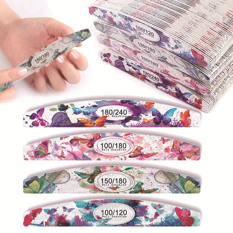 

10Pcs/lot Wood Sandpaper Nail File Wooden Buffer Strong Thick Boat/Straight Flower Printed Manicure Nail Files