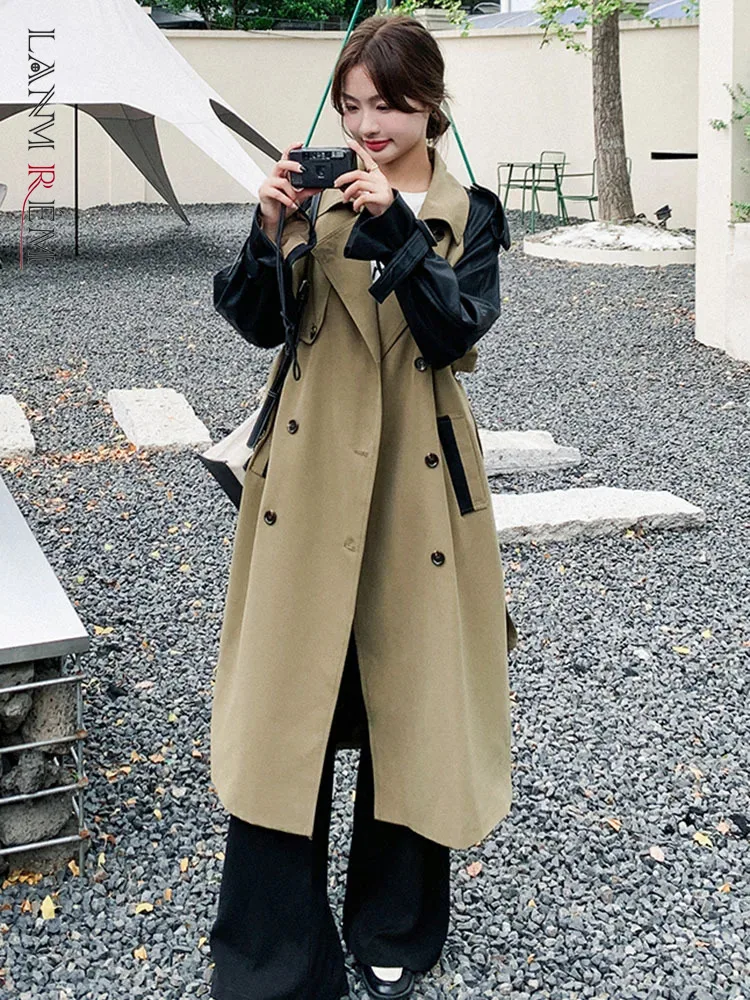 

Женский двубортный Тренч LANMREM, винтажный Тренч контрастных цветов с отворотами и кожаными Соединенными рукавами, ветровка, новинка 2023, 2AA3532