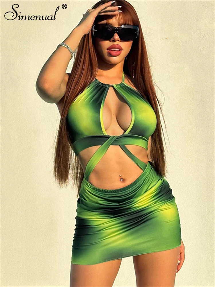 

Simenual Sexy Cut Out Halter Micro Dress Fashion Clubwear Print Backless Party Mini Dresses Women Rave Slim Outfits Hot Holiday
