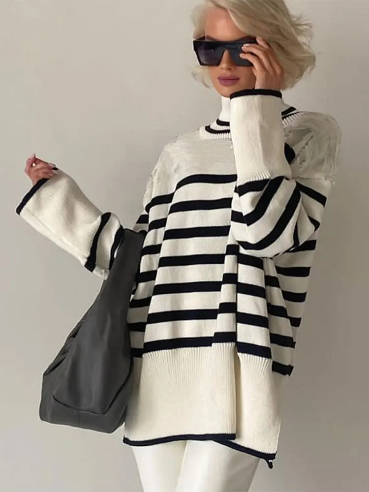 

Winter Women Turtleneck Striped Print Sweater Female Fashion Long Sleeves Knitted Sweaters Pullover Autumn Lady Oversized Jumper