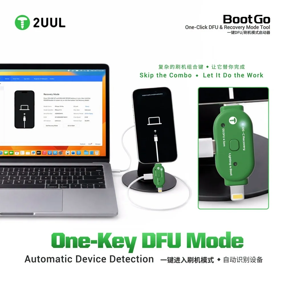 Фото 2UUL TG01 Boot Go – инструмент для восстановления DFU в один клик для iPhone и Samsung, предназначенный для ремонта, программирования и обновления прошивки без разборки устройства. №3