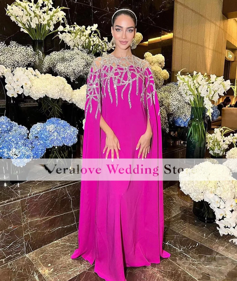 

Fachsia Arabic Saudi Prom Dress With Warp A Line 2022 Sheer Neck Middle East Party Gowns for Women Vestido De Festa