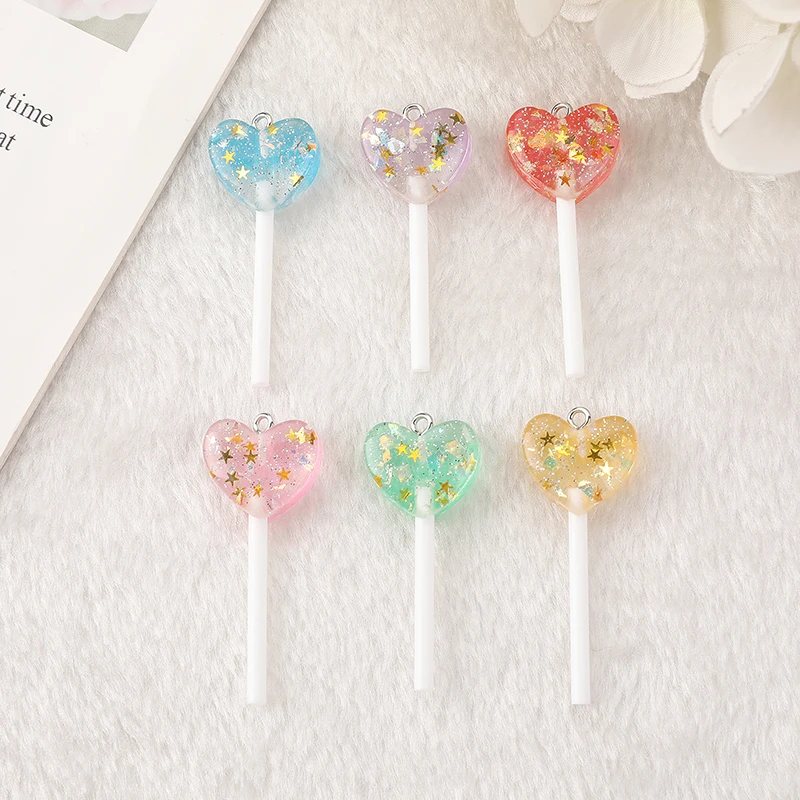 

6Pieces Colorful Sweet Candy Charms Flatback Resin Heart Lollipop Pendant For Earring Keychain Necklace Diy Making