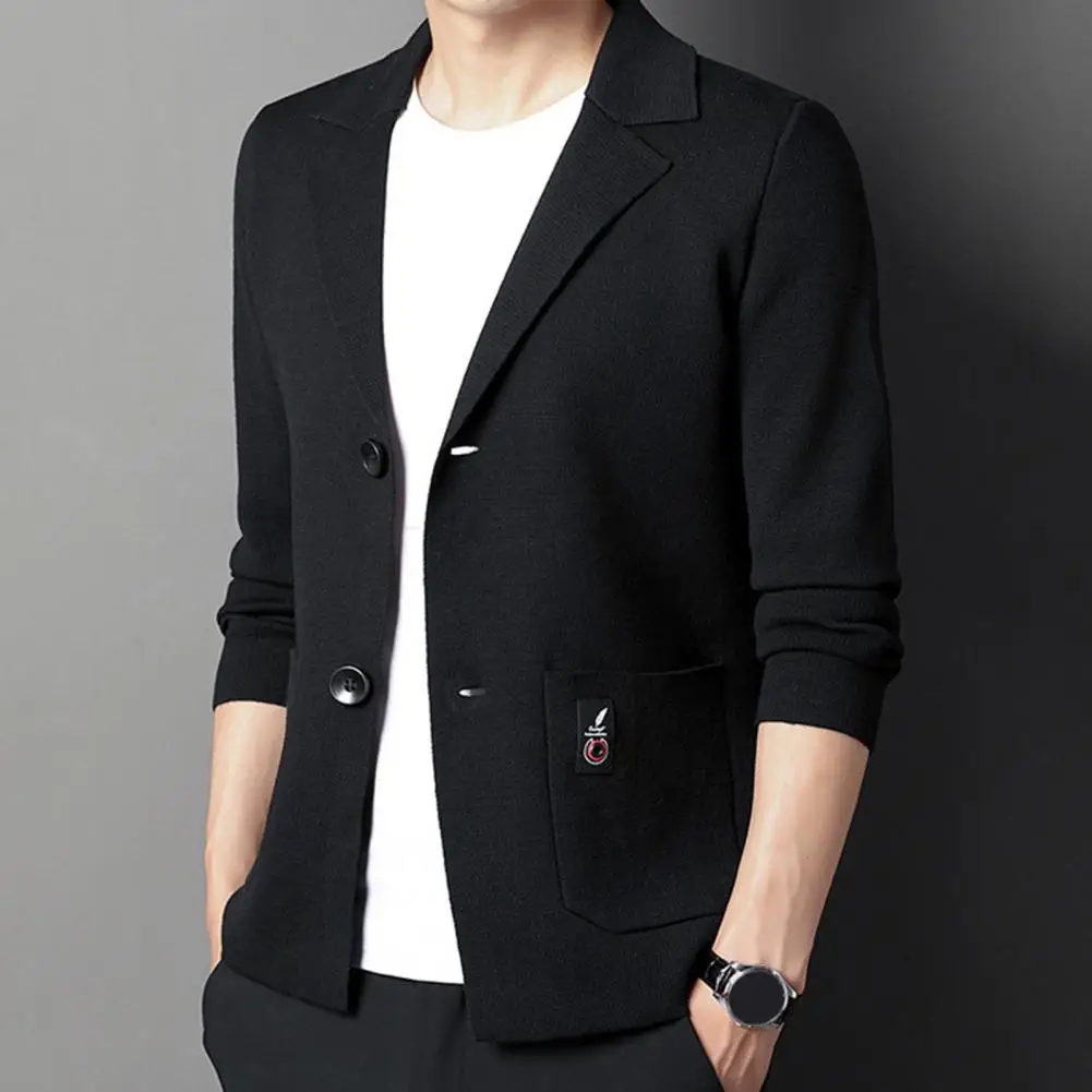 

Men Blazer Knitted Temperament Pockets Washable Knitting Blazer Suit Jacket for Daily Wear