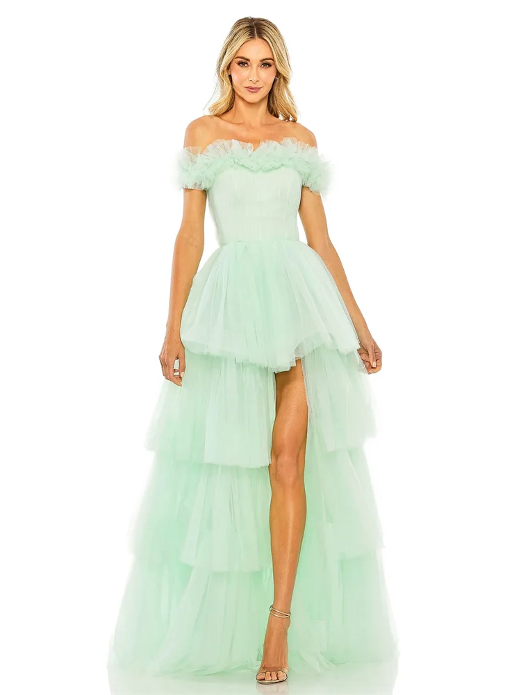 

A-Line/Princess Tulle Ruched Off-The-Shoulder Sleeveless With Lace Floor-Length Dresses Elegant Women's Prom Evening Dress