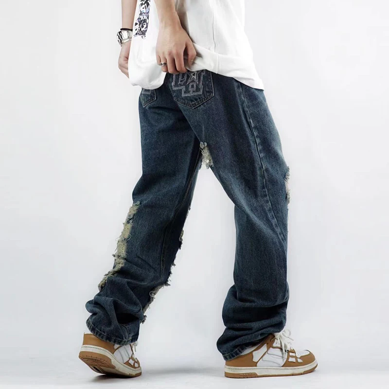 

Hip Hop Retro Ripped Hole Washed Denim Trousers for Men and Women Straight Oversized Casual Jeans Loose Streetwear Jean Pants