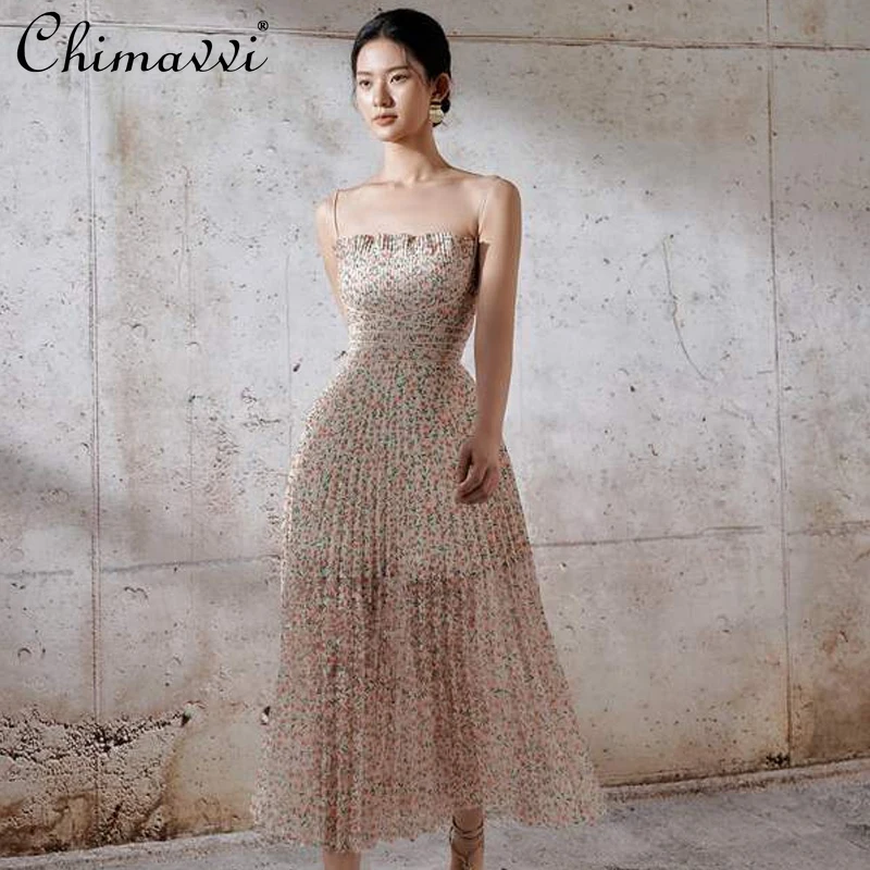 

Sexy Tube Top Strappy Dress 2022 Spring Summer New Fashion Sweet Floral Pleated Heavy Design High Waist Slimming Elegant Dress