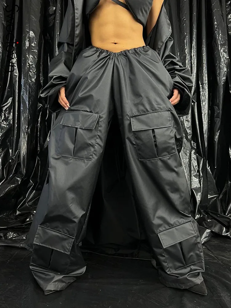 

Sweetown Elastic Low Waist Baggy Trousers Women Korean Fashion Streetwear Pockets Wide Leg Cargo Pants Black Goth Techwear Pant