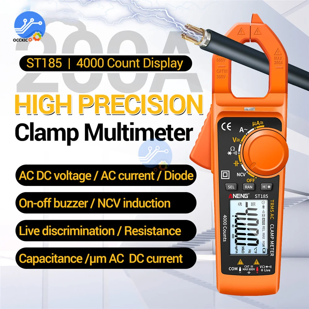 

ST185 Digital Clamp Meter Multimeter 4000 Counts True RMS Ammeter Voltage Tester Hz Capacitance NCV Ohm Diode Test