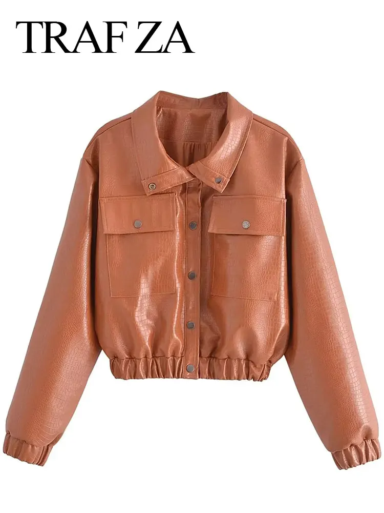 TRAF ZA Womens Pu Leather Jacket Crocodile Pattern Pocket Button Lapel Long Sleeve Coats Fashion Female Punk Vintage Jackets