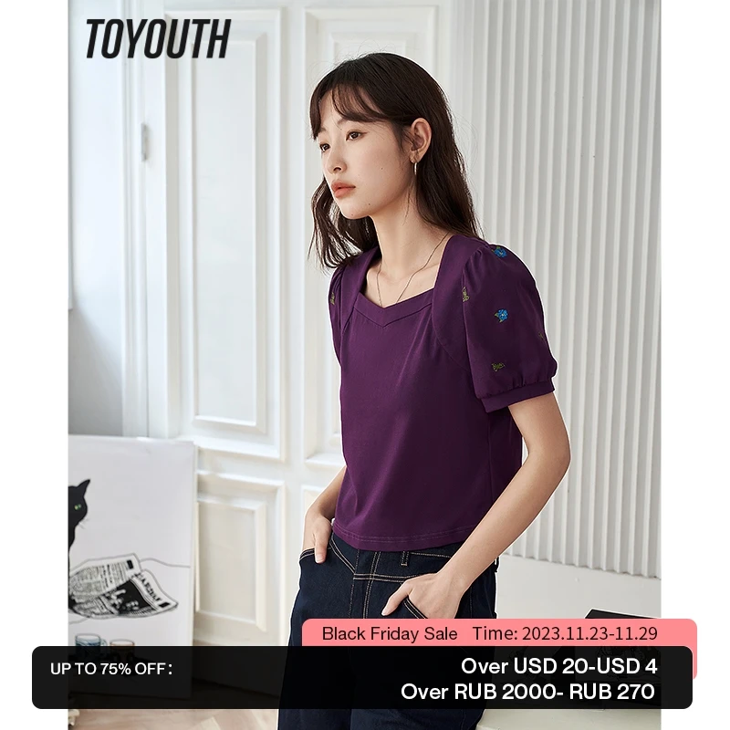 

Toyouth Women T-shirt 2023 Summer Puff Sleeves Heart Neckline Slim Fit Tees Embroidery Black Purple Y2K Fashion Chic Tops