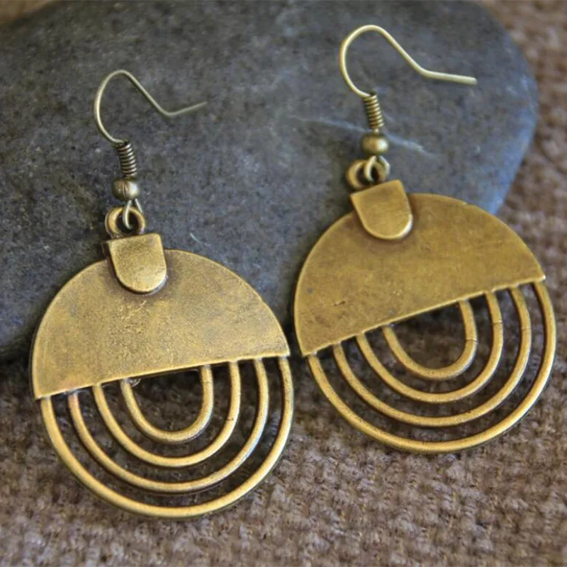 

KYTRD Ethnic Round Bronze Hollow Hook Earrings for Women Vintage Color Metal Semicircle Handmade Personality Dangle Earrings