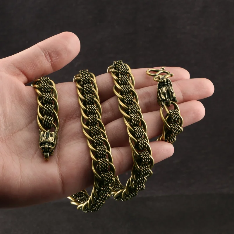 

3Pc Hot Selling Vintage Distressed Double-Headed Dragon Nelace Pure Brass Reel Chain Domineering Dragon Head Bag Lanyard Stall