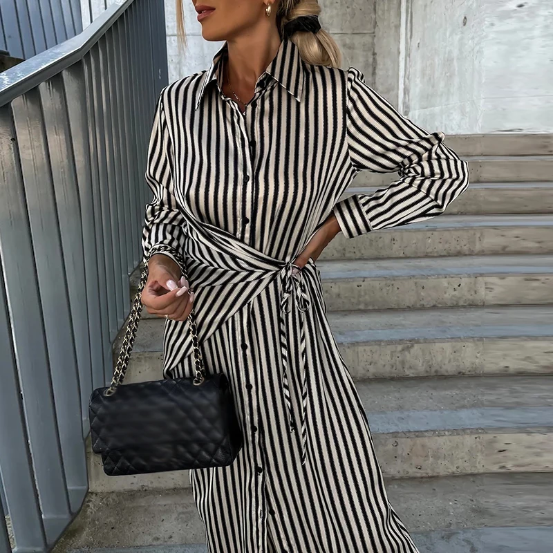 

Женское Элегантное однобортное платье-рубашка с отложным воротником, весеннее длинное платье в полоску на шнуровке с поясом, осеннее платье Бохо с длинным рукавом и разрезом