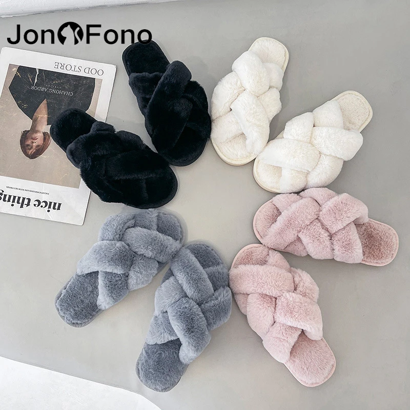 

JonoFono New 2023 Winter Slippers Women Thick Fur Warm Indoor Woman'S Shoes Fashion Sweet Indoor Ladies Footwear