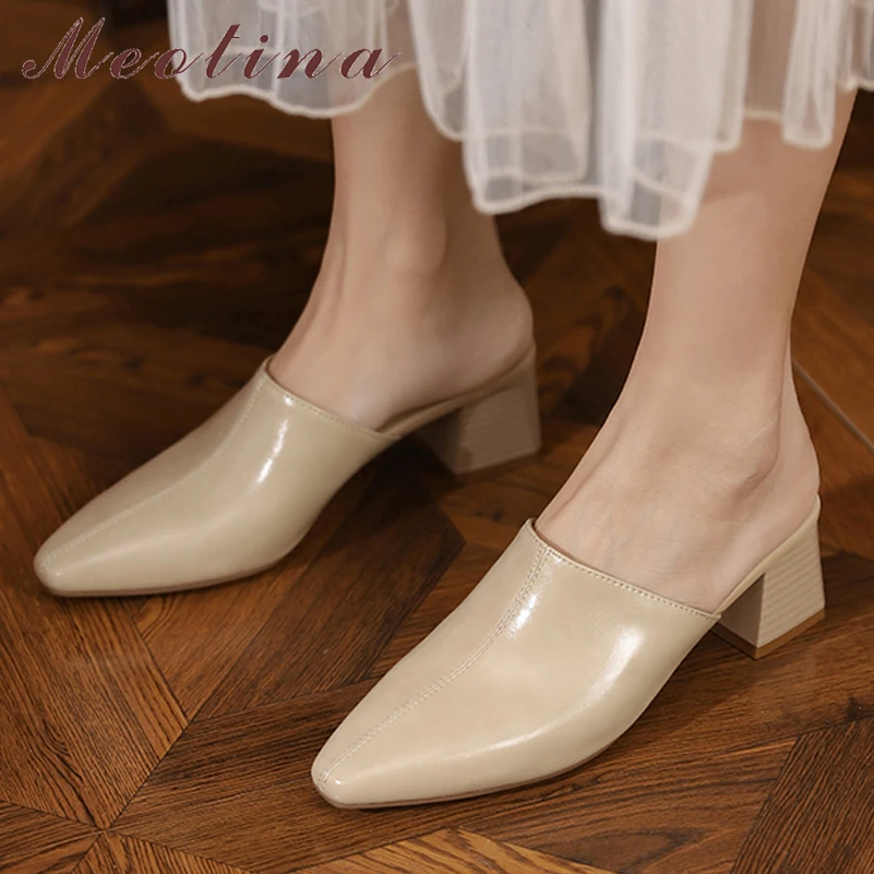 

Meotina Women Genuine Leather Mules Round Toe Mid Heel Pumps Thick Heels Shallow Concise Ladies Autumn 2022 Shoes Apricot 40