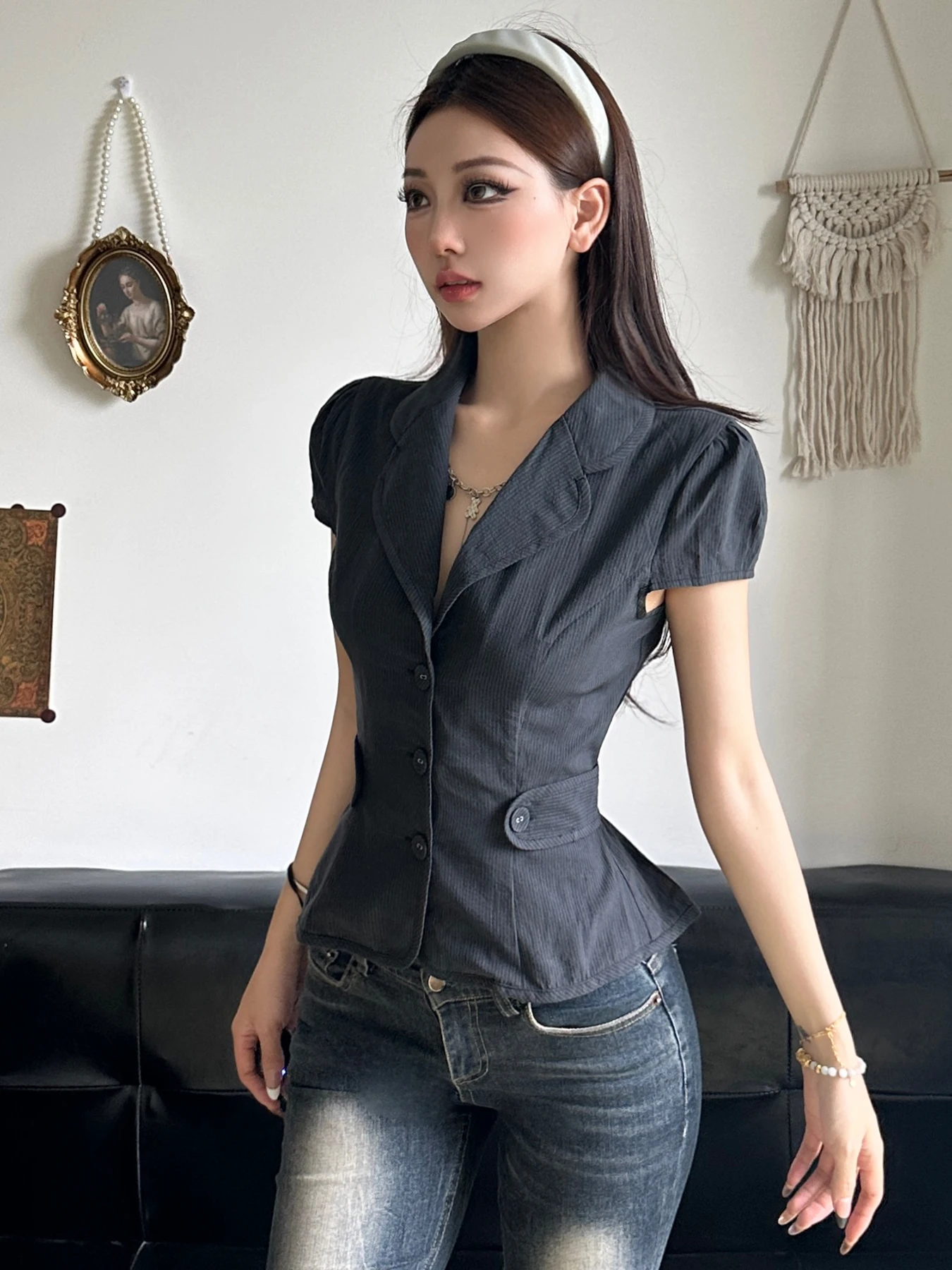 Женская Облегающая Полосатая Блузка Rockmoer Y2K Элегантный Индивидуальный Топ С