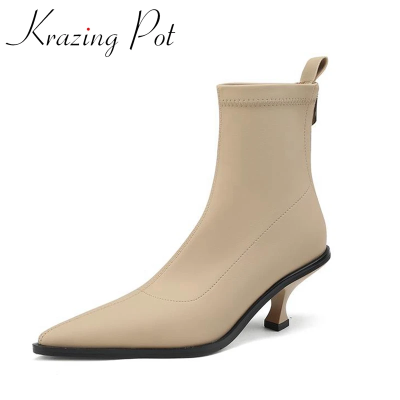 

Krazing Pot Microfiber Pointed Toe Stiletto High Heels Modern Boots Dating Wedding Mature Fashion Wear Party Zipper Ankle Boots