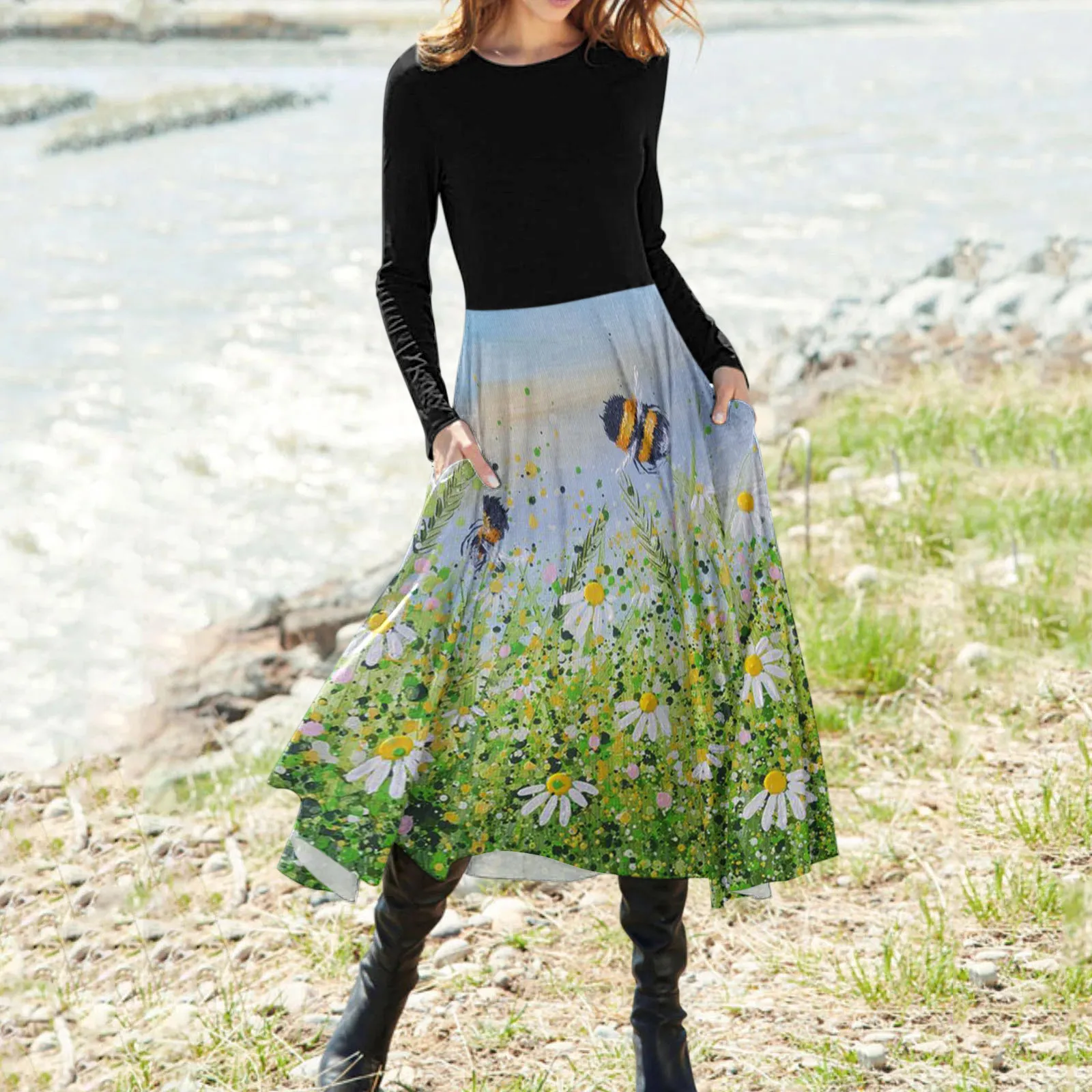 

Women Elegant Dress Casual Long Sleeve Floral Print O-Neck Ladies Loose Mid-Long Dress Party Dresses With Pocket
