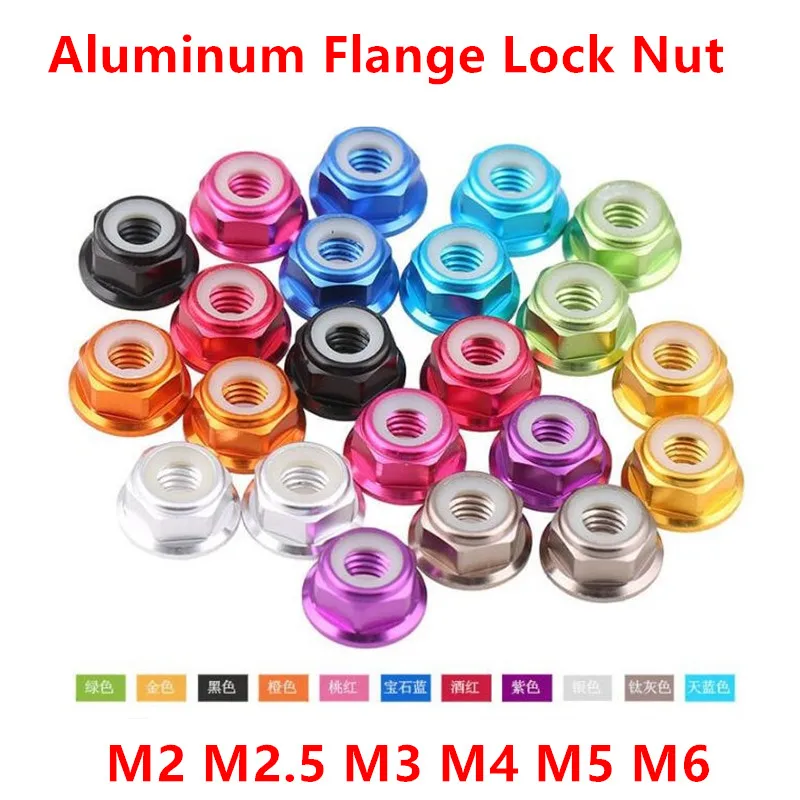 10Pcs/lot Aluminum Flange Lock Nut M2 M2.5 M3 M4 M5 M6 Aluminum Nylon Hex Insert Lock Nut Locknuts self-locking Nut