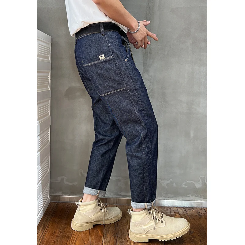 Streetwear Men 2022 New Pattern Vintage Recreational Navy Blue Jeans Loose Straight Cylinder Broad Leg Trousers Autumn Female