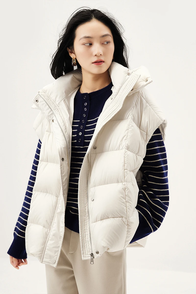 Winter Light 90%  White Goose Down  Sleeveless Vest  Zipper  Hat Detachable  Pockets  Winter Jacket Women Coat  Casual