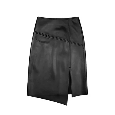 

Lambskin Skirt With Slit Women Elegant High Waist OL Knee Long Split Leather Jupe Mujer Charming Asymmetry Black Red Midi Saias