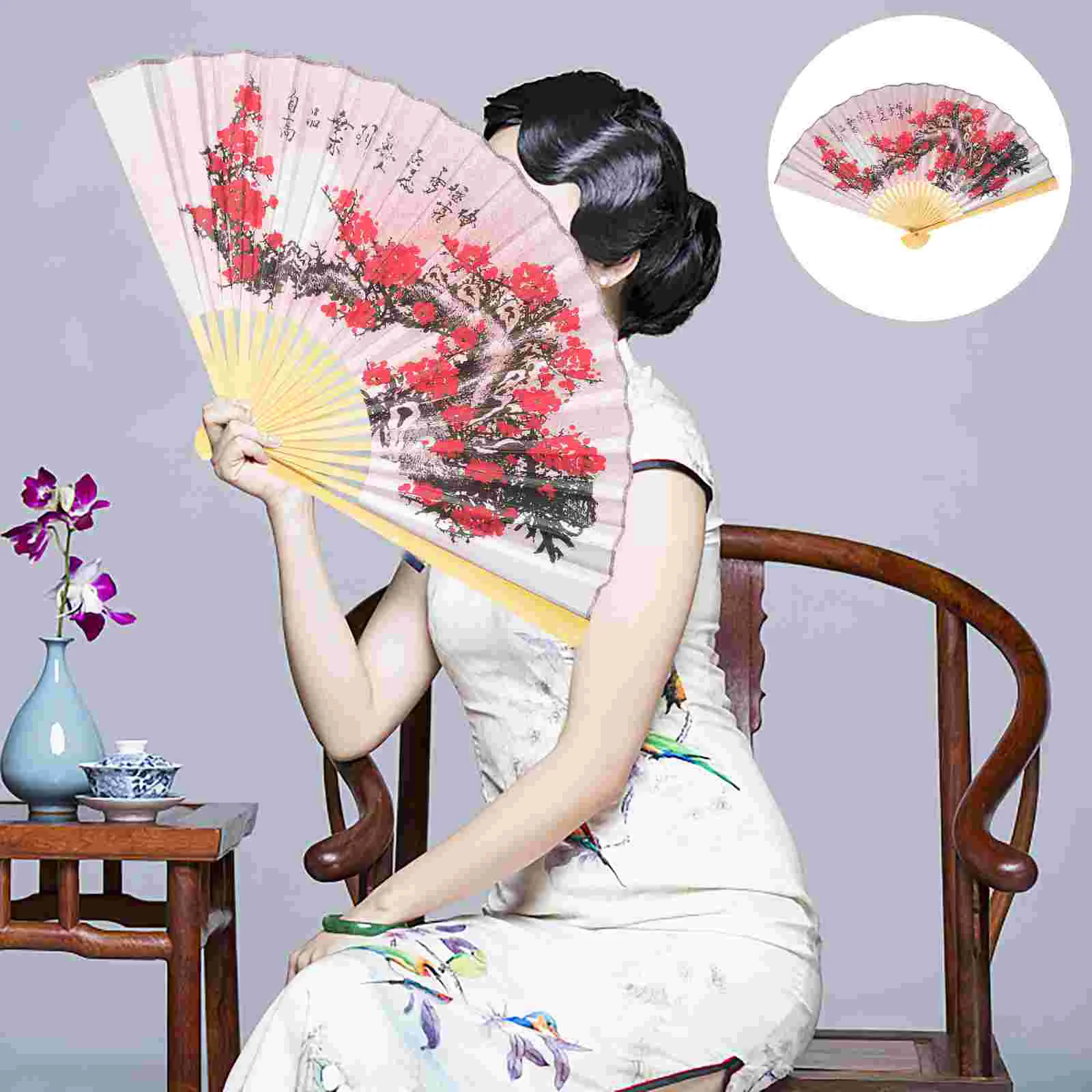 

Chinese Cooling Fan Japanese Folding Wall Decor Bamboo Red Plum Style Photo Hanging
